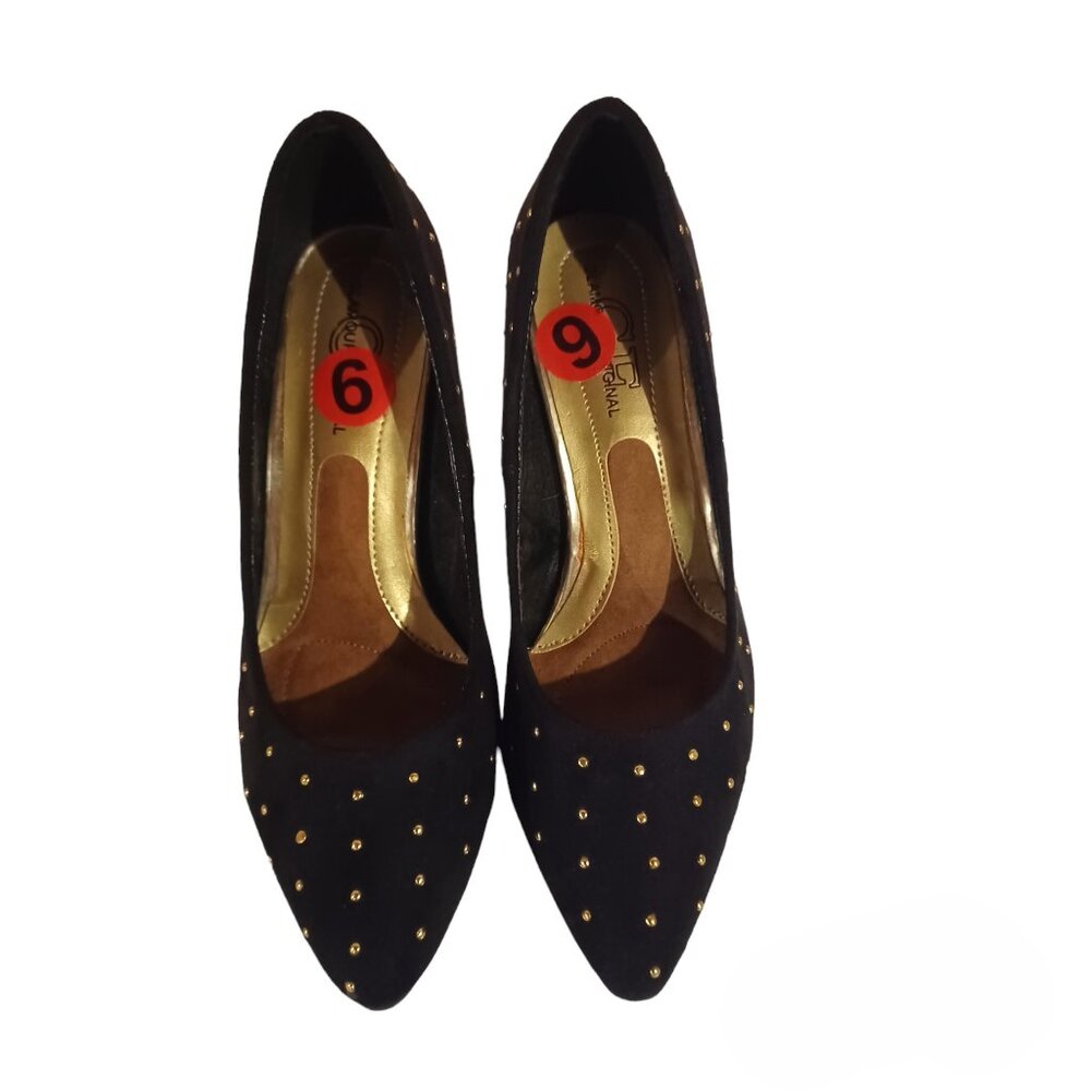 Glamorous Originals Black Suede Heels With Gold Studs